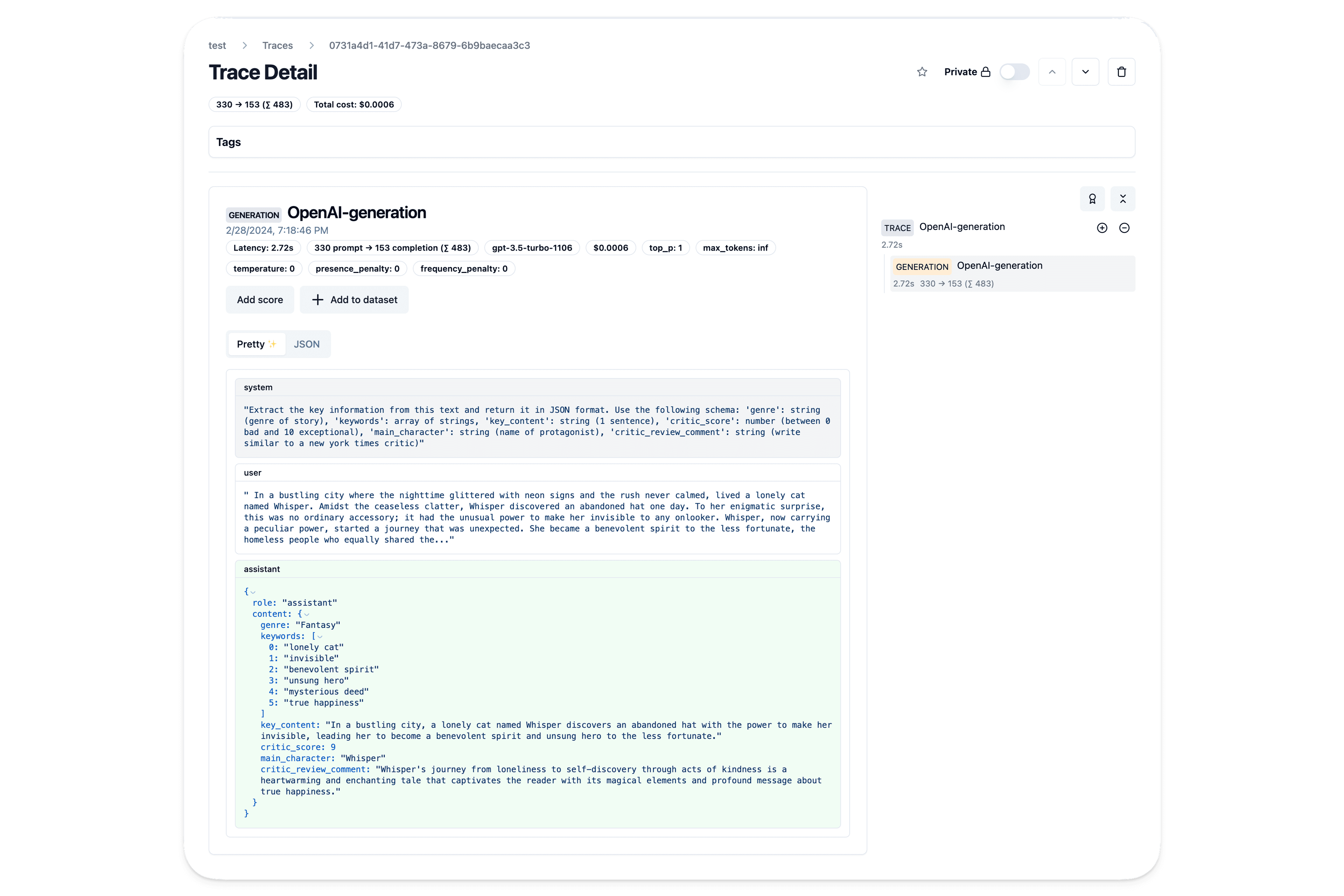 Trace of OpenAI functions in Langfuse